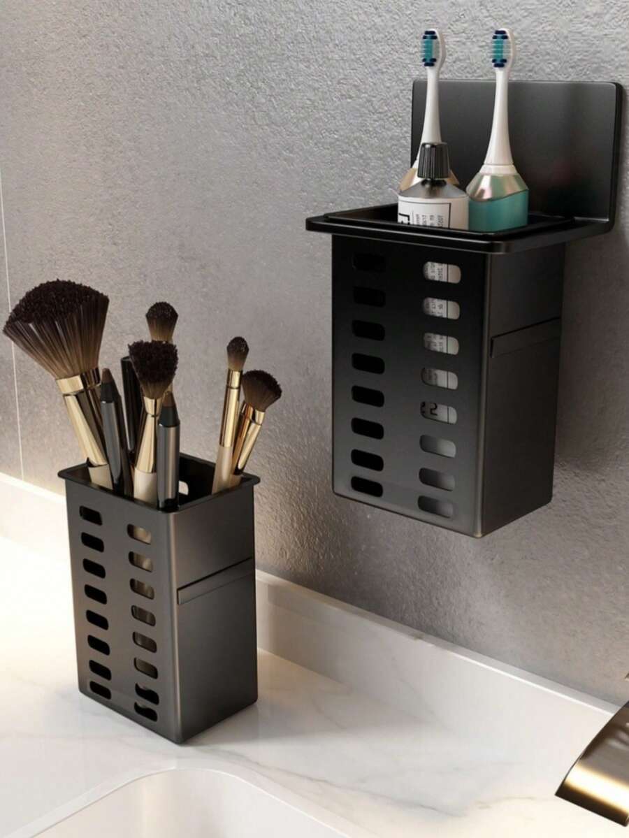 1个白色浴室黑色置物架壁挂式透明免钻孔浴室马桶梳妆台牙刷牙膏梳子收纳整理架 - 黑色 - 查看 1