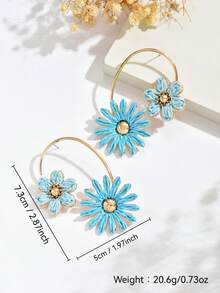 OOQ 1 Pair Fashion Textured Line Geometric Five-Petal Chrysanthemum Bicolor Handwoven Raffia Earrings, Fresh And Sweet Handwoven Colorful Raffia Textured Floral Earrings Suitable For Women's Daily, Vacation, And Party Wear (Handwoven Method Random, Handmade May Have Slight Glue Residue) - Blue - View 4
