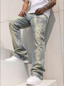 刺绣喇叭牛仔裤，男士修身刺绣字母牛仔裤，做旧喇叭牛仔裤，Y2K 叠层牛仔裤，撞色水洗刺绣牛仔裤，适合所有季节 - 黃色 - 查看 1