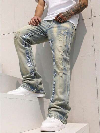 Quần jeans ống loe thêu, quần jeans nam dáng ôm với chữ thêu, quần jeans ống loe rách, quần jeans ống rộng phong cách Y2K, quần jeans thêu phối màu tương phản, phù hợp cho mọi mùa.