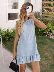 Váy mini nữ phong cách Bohemian, sọc xanh trắng, gấu bèo nhún, không tay, cổ tròn thanh lịch - Nhiều màu - Xem 4