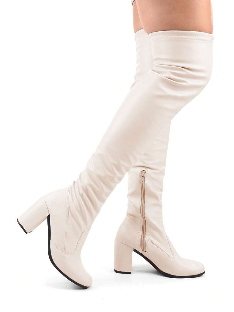 Bota Feminina Cano Alto Over The Knee Bico Quadrado Com Amarração Stretch E Zíper Confortável E Versátil - Off - Visão 4