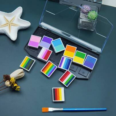 12色彩虹水性面部及身体彩绘调色盘，大容量，可拆卸隔层，适用于舞台表演、节日派对、角色扮演