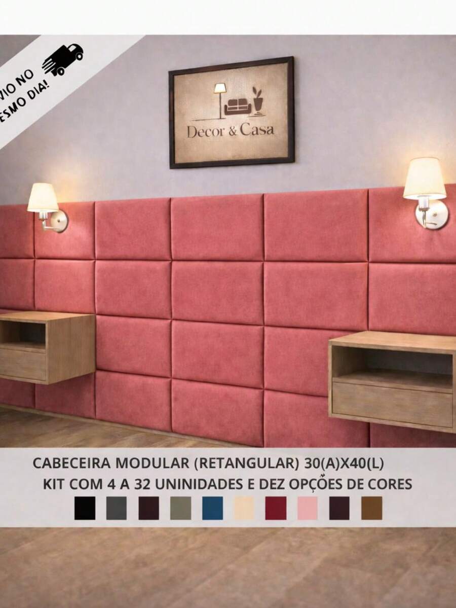 Kit Of Up To 32 Upholstered Headboard Modules (40x30 Cm) For Wall Mounting - Self-Adhesive Panels. - Màu hồng gỉ - Xem 1