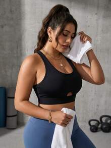 Zimi Collection Plus Size Women's Built-In Padded Hollow Front Cross Back High Support Yoga Fitness Sports Cropped Top Running Training Workout Apparel - Black - View 6