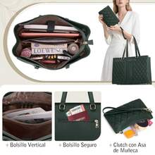 Bolsas de Mujer para Laptop 15.6 Pulgadas Maletin Laptop Mujer Portafolios Tote Laptop Bolso Computadora Portátil Mujer de Piel con Clutch para Trabajo Universidad Marrón - Verde Oscuro - Ver 2