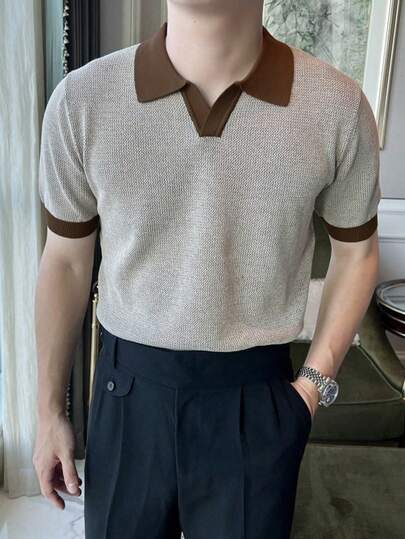 Camisa polo de hombre con cuello mao de color contrastante, cuello de punto vintage con solapa