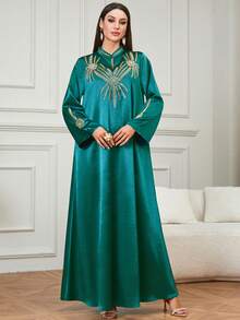 优雅女士新款V领亮片刺绣长款卡夫坦连衣裙，适合庆典、婚礼、居家及日常穿着。 - 綠色 - 查看 1