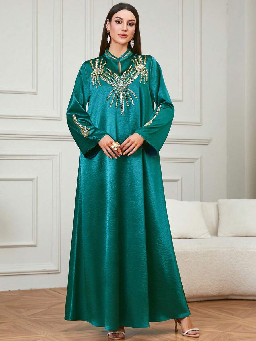 优雅女士新款V领亮片刺绣长款卡夫坦连衣裙，适合庆典、婚礼、居家及日常穿着。 - 綠色 - 查看 1