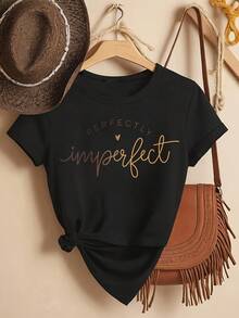 Women's Casual Crew Neck T-Shirt, Printed With The Slogan "Perfect Imperfection", Loose Short Sleeves, Letter Pattern, Fashionable Top For Spring And Summer. - 黑色6 - 查看 1