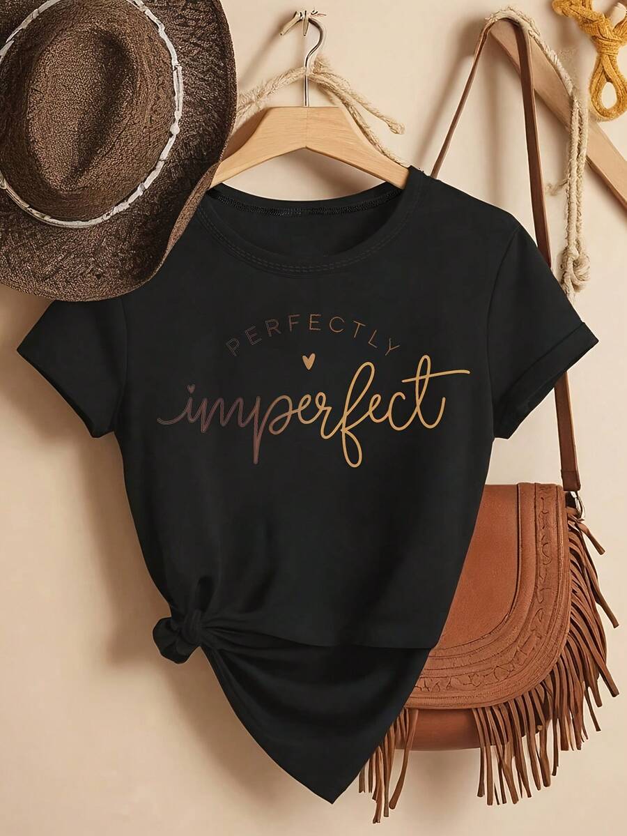 Women's Casual Crew Neck T-Shirt, Printed With The Slogan "Perfect Imperfection", Loose Short Sleeves, Letter Pattern, Fashionable Top For Spring And Summer. - 黑色6 - 查看 1