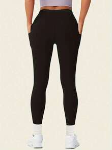 Quần legging cạp cao không đường may có túi - Chất liệu co giãn thoải mái, màu đen, thích hợp cho mùa xuân. - màu đen - Xem 4