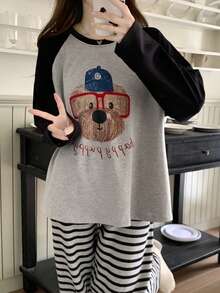 两件套女士睡衣套装，狗狗印花睡衣，韩式休闲风格，插肩袖设计，条纹裤可户外穿着，居家外出新款配套套装（图案随机） - 黑色 - 查看 4