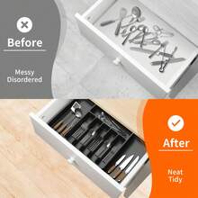 7Sevenjokers 33-57cm Extendable Cutlery Drawer Organiser 8 Compartments Adjustable Plastic Kitchen Utensil Storage Tray For Spoons Forks Miscellaneous Items Home Kitchen Organization - 黑色 - 查看 5
