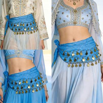 1pc Belly Dance Hip Scarf, Sweet Belly Dance Skirt With Coin Decor, Suitable For Rave, Dance, Saree, Egyptian Belly Dance Costume, Women Chiffon Belly Dance Scarf, Suitable For Yoga, Zumba, Belly Dance Hip Scarf, Belly Dance Fringe Skirt, Sequin Mini Skirt, Party Dress, Holographic Fringe Skirt - Women Denim Outfit | Beach Dress, Carnival, Party