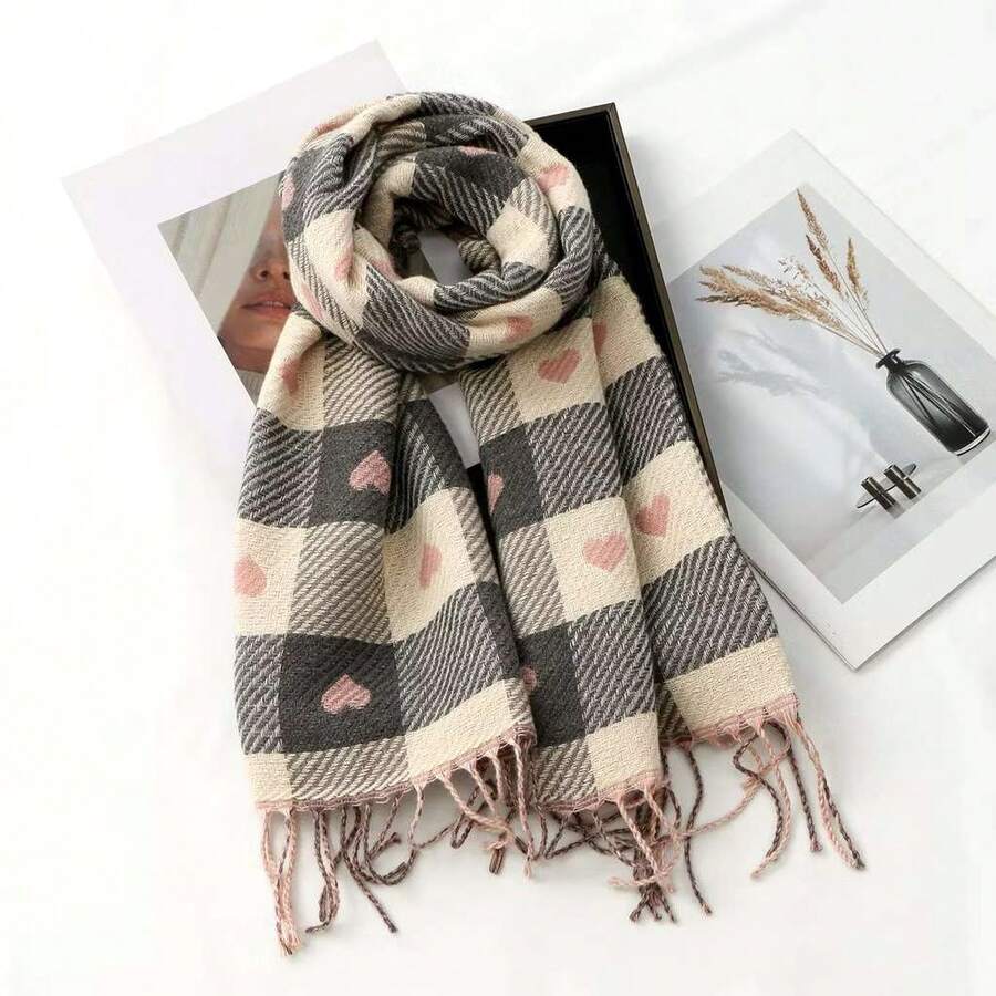 Large Printed Scarf With Hearts - Super Warm For Winter - Hồng - Xem 1