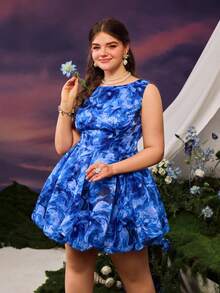 Faeriesty 优雅印花无袖派对连衣裙 - 藍色 - 查看 2