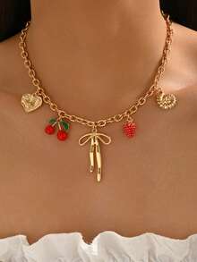 1pc Summer Cute Sweet Heart, Strawberry, Cherry, Shell, Bow Pendant Necklace, Minimalist Versatile Jewelry For Women, Suitable For Daily Wear, Dates, Photo Shoots, Parties. Chain Length Can Be Customized - Multicolor - View 1