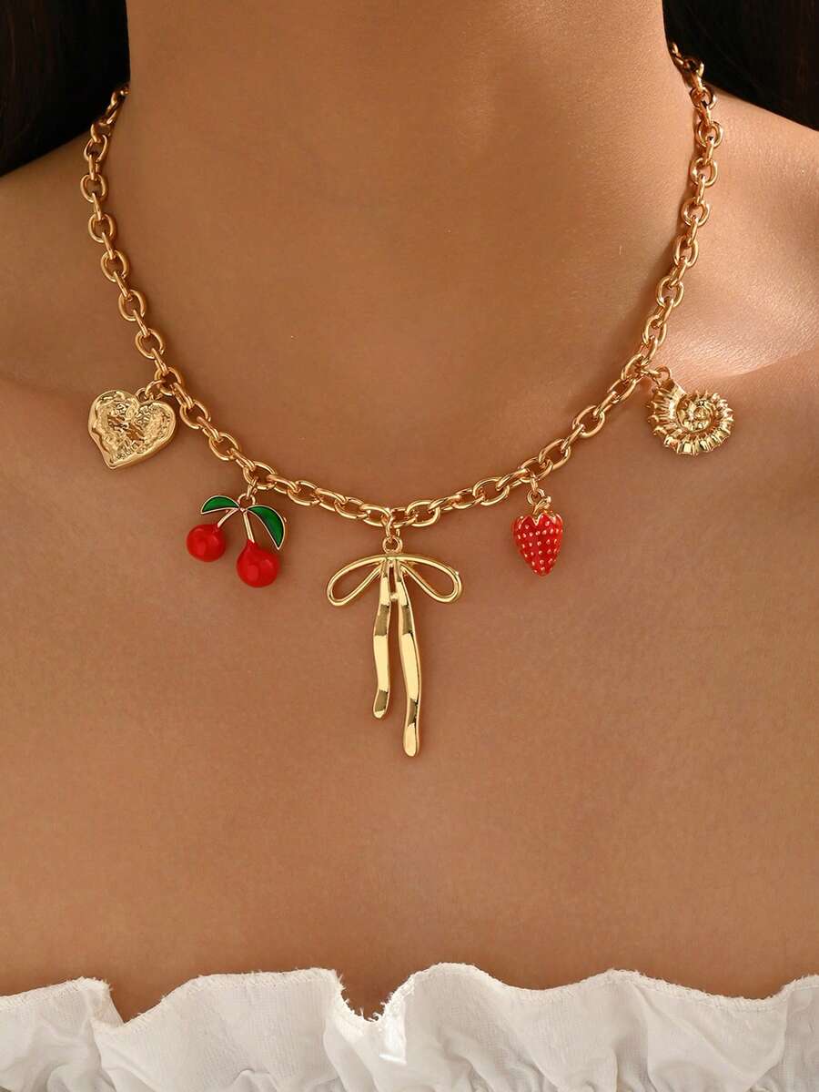 1pc Summer Cute Sweet Heart, Strawberry, Cherry, Shell, Bow Pendant Necklace, Minimalist Versatile Jewelry For Women, Suitable For Daily Wear, Dates, Photo Shoots, Parties. Chain Length Can Be Customized - Multicolor - View 1