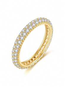 1枚简约扁平开口925纯银女士结婚戒指，优雅精致立方氧化锆戒指，结婚首饰，情侣订婚承诺戒指礼物 - 金色 - 查看 41