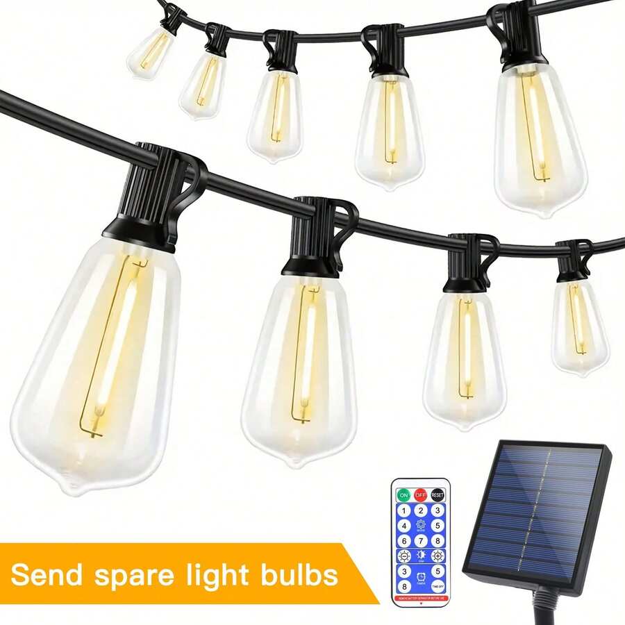 49 Ft /98 Ft Multifunctional Light String, Solar LED Outdoor Light String, Earthquake Resistant ST38 Bulb, 8-Mode, Dimmable And Connectable, Warm White, Suitable For Gardens, Porches, Terraces, Backyards, Bars, Weddings And Christmas Gifts(IP 65)