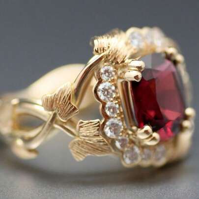 1pc Luxury Handcrafted Copper Maple Leaf Ring, Inlaid With Red Synthetic Zirconia, Perfect For Women's Daily Wear