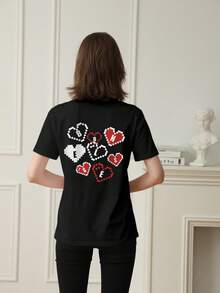 2026夏季新款女式圆领休闲宽松像素爱心和英文字母印花图案设计时尚百搭短袖T恤，1件装 - 黑色 - 查看 3