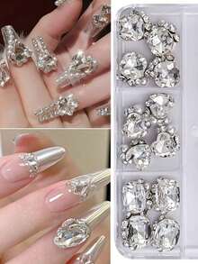 24pcs/Box Nail Art Decorations, Stacked Rhinestone Rectangle, Heart, Square & Axe Shapes, Shiny Luxury Versatile, Faux Pearl Nail Accessories, Nail Parts, Cute Nail Components, Rhinestones Nail Gems Nails Nail Charms - White - View 4
