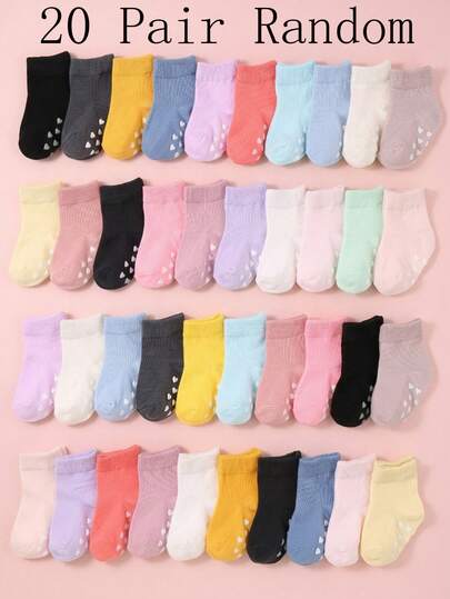 20/10/5/1 双装婴儿心形防滑硅胶点中筒袜。大面积硅胶点设计能更好地帮助宝宝学步。中筒袜款式不易脱落。颜色男女宝宝均适用，四季皆宜。幼儿长筒防滑袜，适合室内地板穿着，也适合派对和送礼。