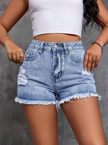 Women's Summer Casual Denim Shorts, Frayed Pockets, Zipper Closure, Distressed Denim, Straight Leg - Light Wash - View 4