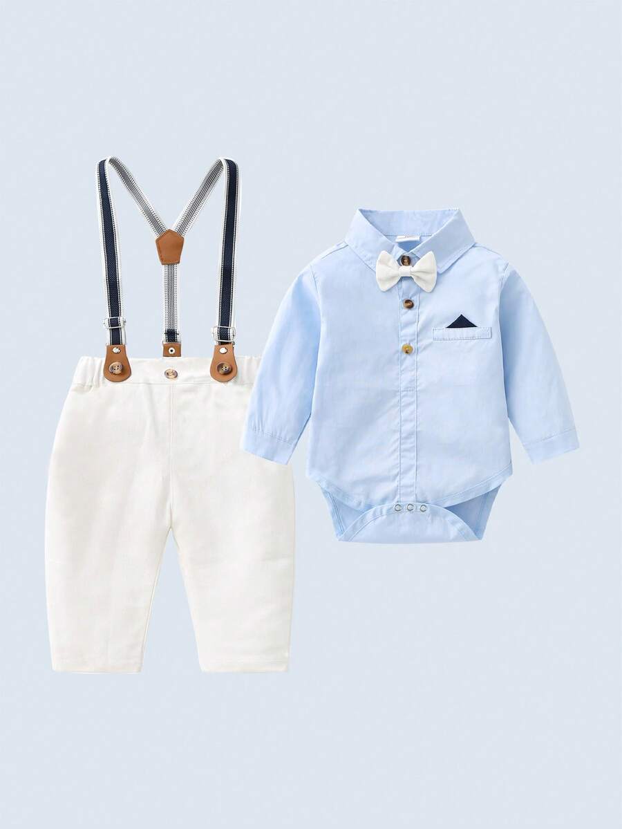 2pcs Baby Boys Gentleman Outfit, Blue Long Sleeve Shirt With Bowknot And Overalls, Fashionable & For Birthday Party, Wedding, Anniversary Celebration - Blue - View 1