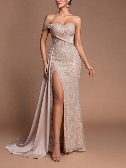 Faeriesty This Elegant Strapless Mermaid Evening Gown Features A High Slit Design, Fully Adorned With Crystal Beaded Embroidery, And A Back Zipper Closure, Suitable For Formal Occasions - Perfect For Wedding Receptions, Red Carpet Events, Black Tie Galas, Awards Ceremonies, And Opera Premieres.