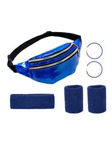 4件套 D EXCEED 80年代霓虹吸汗带套装，玫瑰红运动头带腕带腰包健身套装，适合运动瑜伽派对，80年代女士霓虹配饰，圣帕特里克节 - 彩色 - 查看 16