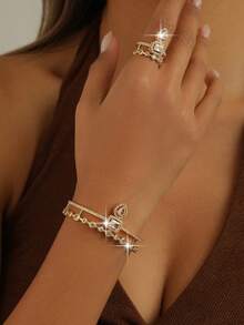 2 pezzi Set di bracciale e anello con charm a forma di faccia sorridente in zirconia cubica della serie fantasy, set di gioielli da matrimonio in lega di rame con zirconia cubica brillante, adatto per banchetti, balli, feste - Oro giallo - Visualizzare 8