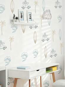 夏季冲浪主题墙贴 | 海浪、冲浪板、海滩小屋房间装饰贴纸、棕榈树和太阳墙贴，适用于儿童房，可移除乙烯基自粘贴纸，哑光表面 - 彩色 - 查看 1