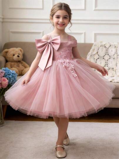 小女孩粉色蝴蝶结蕾丝边薄纱公主裙，优雅适合生日派对、宴会、舞会、婚礼、节日庆典、花童礼服