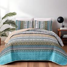 3 Pieces Boho Quilt Sets Queen King Size,Purple Bohemian Quilt Coverlet Soft Microfiber Lightweight Bedspread With 2 Pillowcases For Wedding Items,Valentines Day Home Bed Room Decor,Easter Gifts,Mothers Day Gift,All Season - Brown Blue - 查看 10