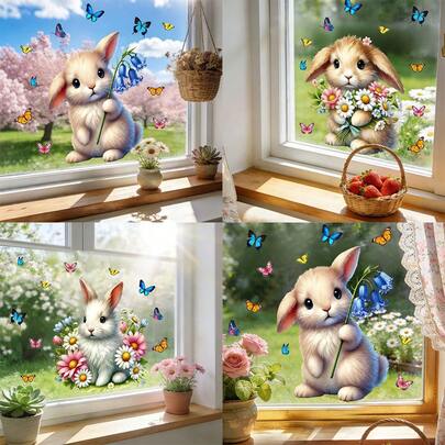 1/3 ملصق نافذة على شكل أرنب يحمل زهرة الجرس الأزرق، ملصقات زخرفية ملونة على شكل فراشات تلتصق بالزجاج، ديكور قابل لإعادة الاستخدام للمنزل وغرفة المعيشة في موسم الربيع والأعياد، فن DIY