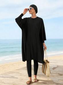 女士休闲全包臀布基尼泳衣，圆领设计，带拉链和高腰下装，弹力面料 - 黑色 - 查看 7