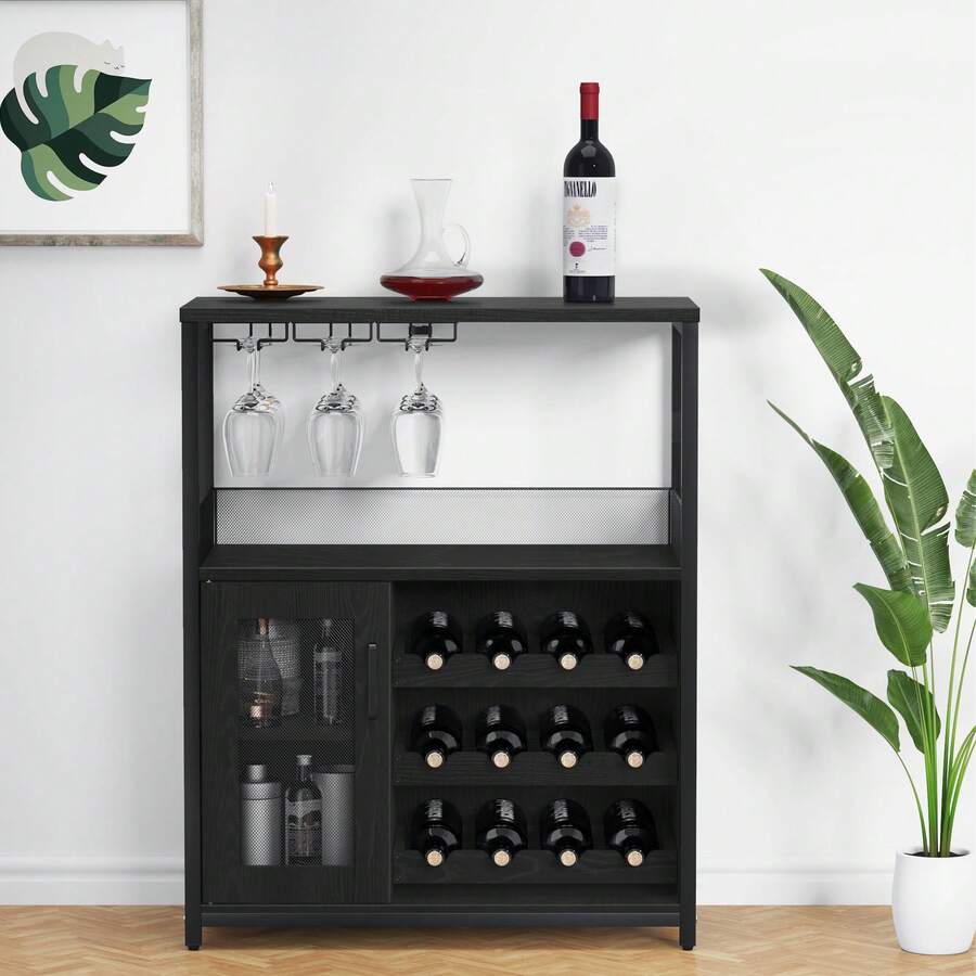 Huisuilinss Coffee Bar Cabinet,Modern Wine Bar Cabinet With Mesh Door,Freestanding Liquor Cabinet,Sideboard Buffet With Adjustable Glass Rack,Removable Shelves For Home Kitchen Dining Room - black - View 1