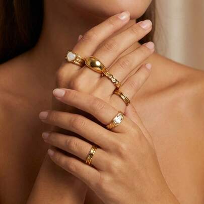 1枚休闲水晶贝壳几何心形戒指，适合女性日常佩戴