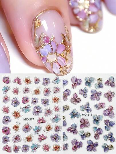 2個 ゴールドラインのアジサイネイルステッカー、5Dエンボス加工の青とパープルの咲く花柄ネイルアートデカール、春のウェディングマニキュアDIY上品なネイルデコレーション女性用