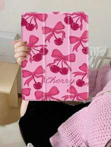 Cherry & Bow Pattern Compatible With IPad Case Auto Wake Sleep Tri-Fold Stand Shockproof With Pen Holder Compatible With IPad 10/Air 5/11 M3/Pro 11 - Pink - View 3