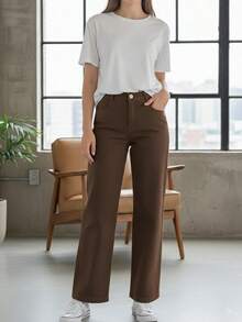 Women's Wide Leg Jeans, High Waist, 100% Premium Cotton, Available For All Seasons. - 黑咖啡 - 查看 3