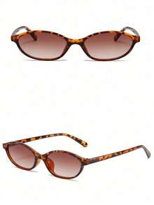 1pc Retro Small Frame Oval Women Fashion Glasses, High-End Fashionable Street Style Versatile Glasses - Leopard Frame Double Tea Set - View 3