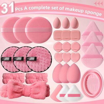 31-Piece Makeup Sponge Set Includes 6 Ultra-Soft, Non-Absorbent Beauty Sponges + 18 Portable Powder Puffs (Fan-Shaped/Finger-Shaped/Marshmallow-Shaped/Round) + 3 Facial Cleansing Puffs + Hairband Wrist Strap + Cleaning Bowl-Ideal For Setting Loose Powder, Soft & Skin-Friendly, Portable & Fully Organized