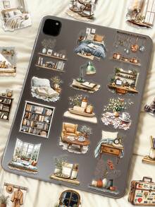 50pcs Alleyway Home Cartoon Creative PET Material Stickers Transparent Waterproof DIY Journaling Supplies Personalized Phone & Notebook Decorative Stickers For Ins - Multicolor - View 4