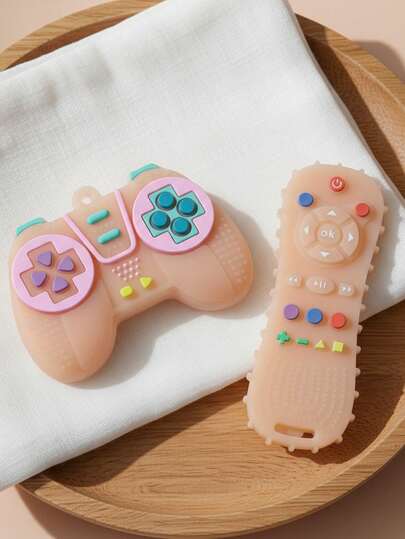 2 piezas de juguete de dentición de silicona con forma de control remoto y consola de juegos simulados, para bebés de 6 a 12 meses, juguete sensorial para masticar