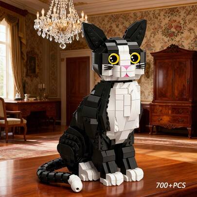 700+ piezas Bloques de construcción de gato lindos, decoración ensamblada, accesorios de gato negro de juguete, bloques de construcción de partículas pequeñas, material ABS, cabeza de gato giratoria, adecuado para exhibición de escritorio en el hogar, regalo para hombres y mujeres, cumpleaños, vacaciones