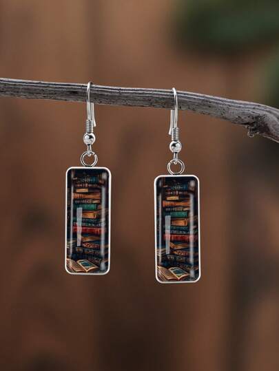 1 Pair Vintage Book Pattern With Convex Glass 316 Stainless Steel Bar Earrings, Retro Minimalist Style Suitable For Women's Daily Wear And Gift, Elegant Simple Design Jewelry Earrings Suitable For Women's Daily And Holiday Wear